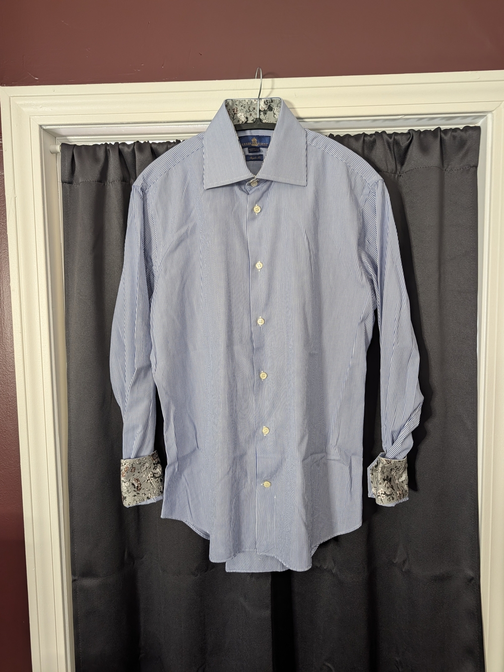 EREDI PISANO Blue Striped Denim Floral Trim Dress Shirt Made In Italy Sz 40